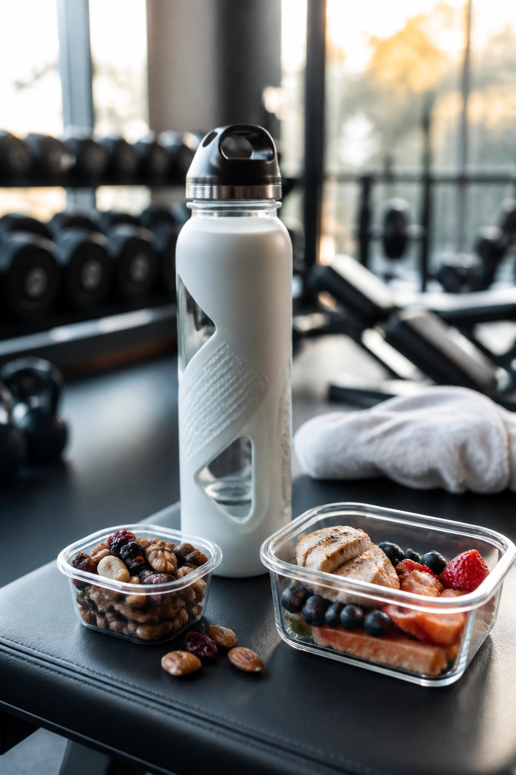 Close-up of water bottle and snacks on a gym bench, hydration and fueling.