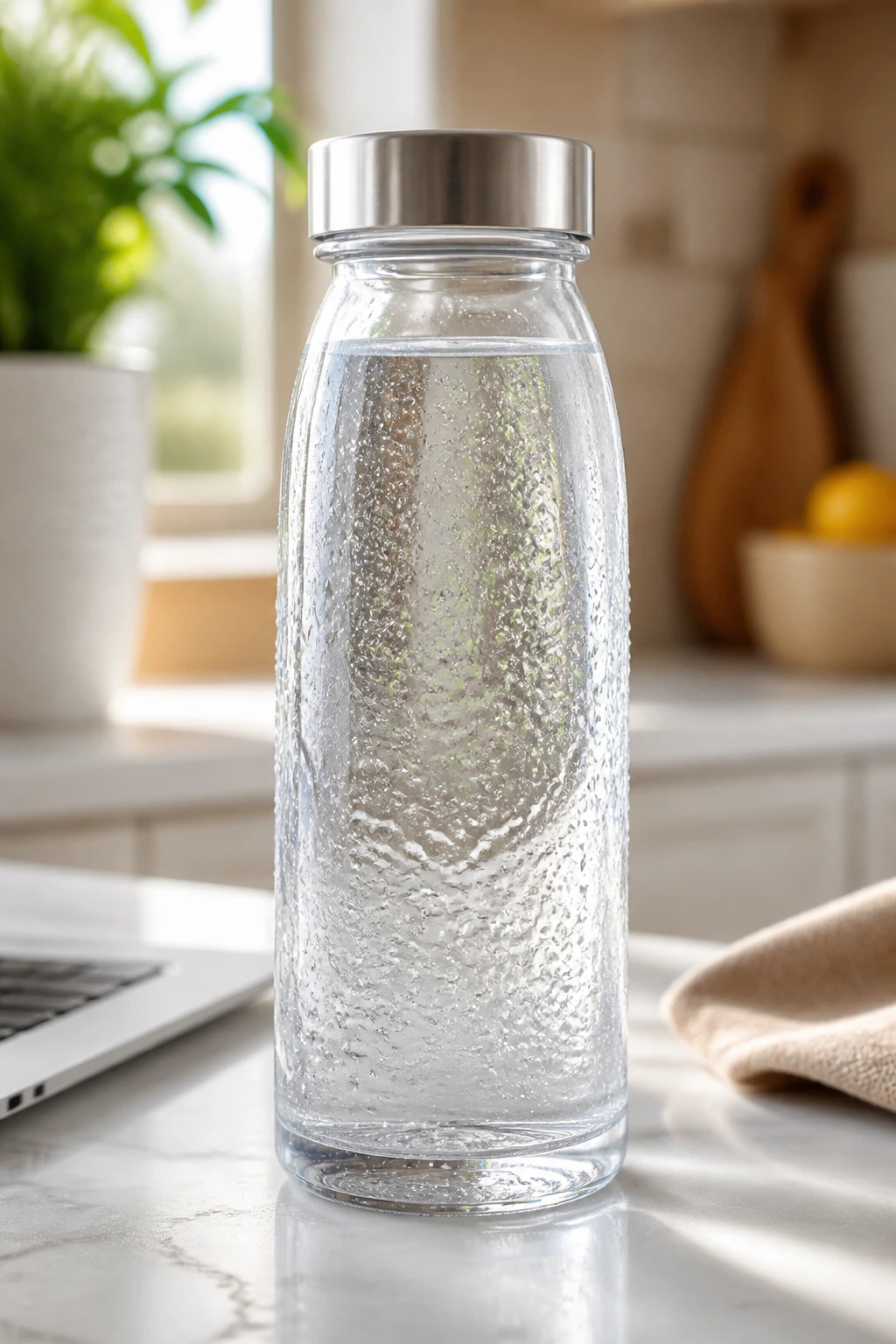 Water bottle centered in frame to emphasize hydration habit