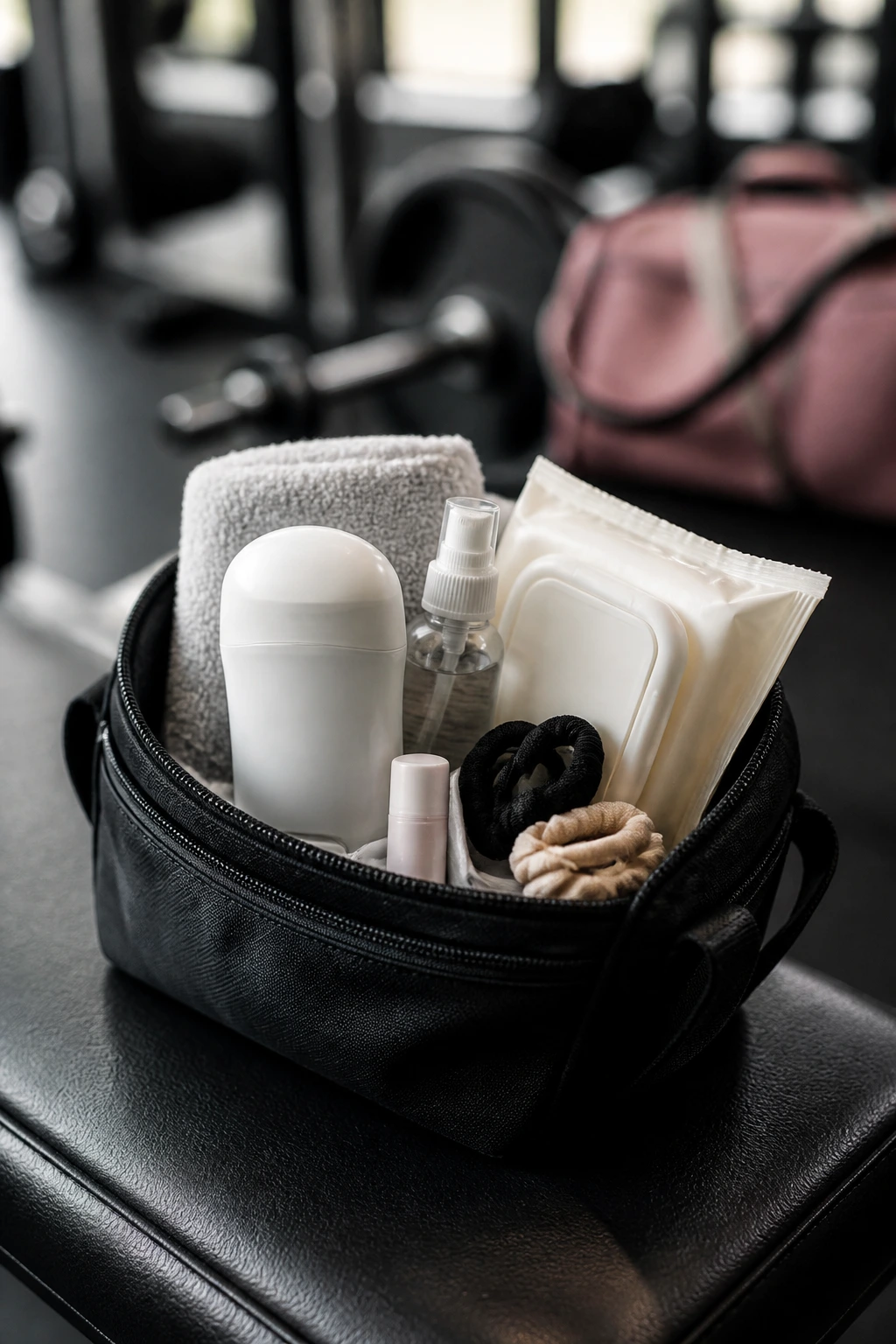 Compact gym hygiene kit with deodorant, wipes, hand sanitizer, and lip balm on bench.