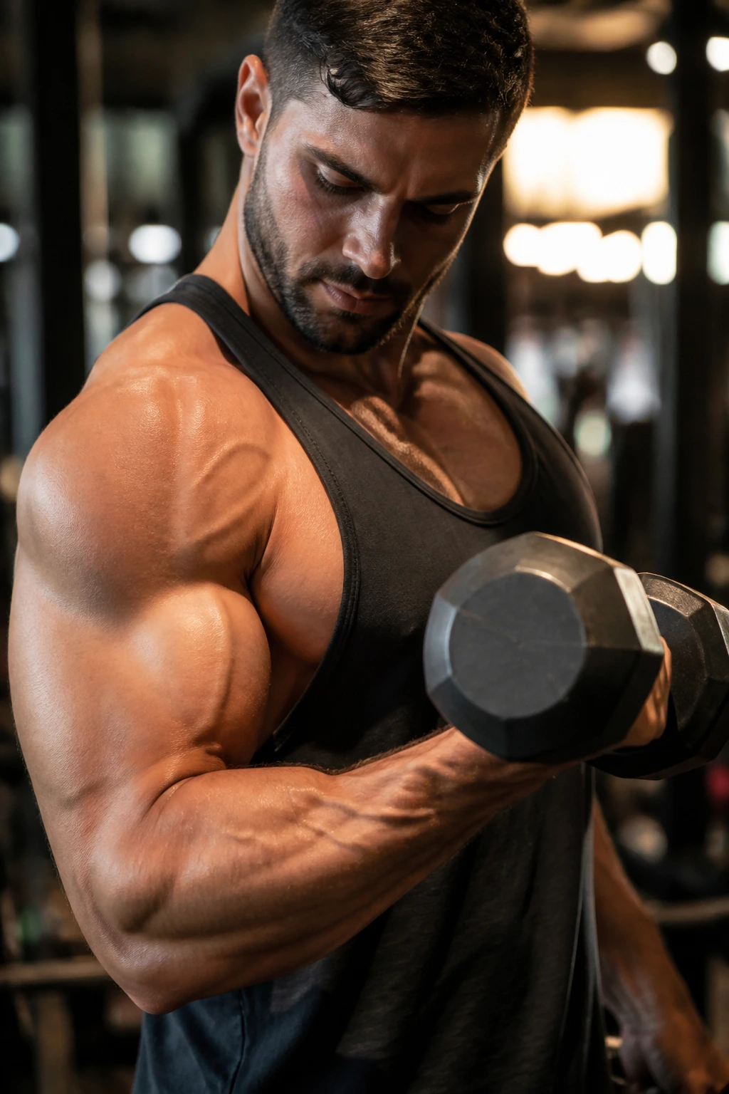 Close-up of athlete performing a controlled dumbbell curl showing muscle contraction.