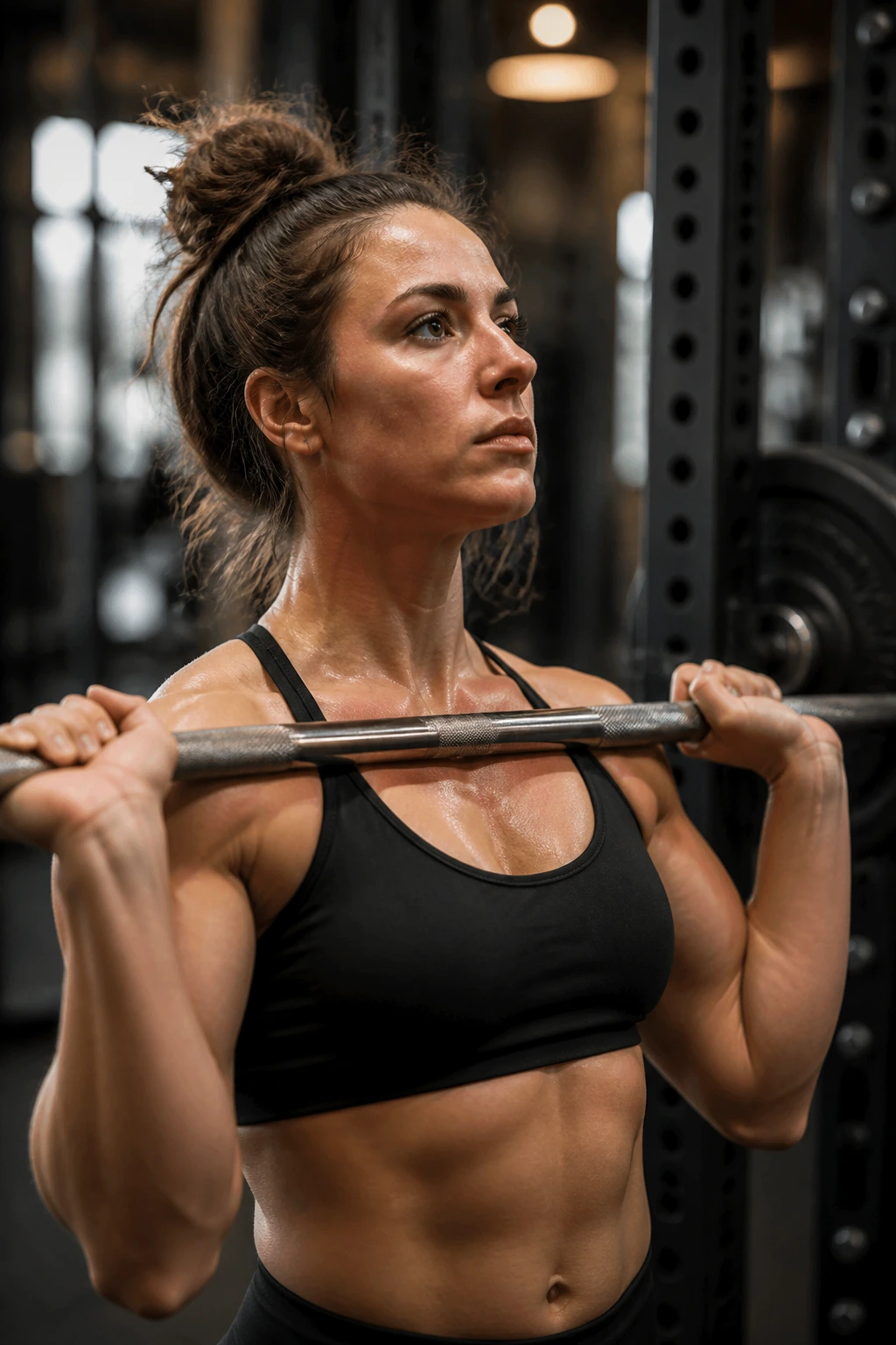 Female lifter in hypertrophy-first powerlifting block performing squat setup in gym