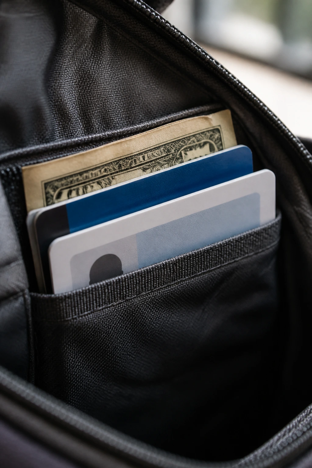 Close-up of a gym-bag pocket showing an ID card, transit card, and cash in a slim sleeve