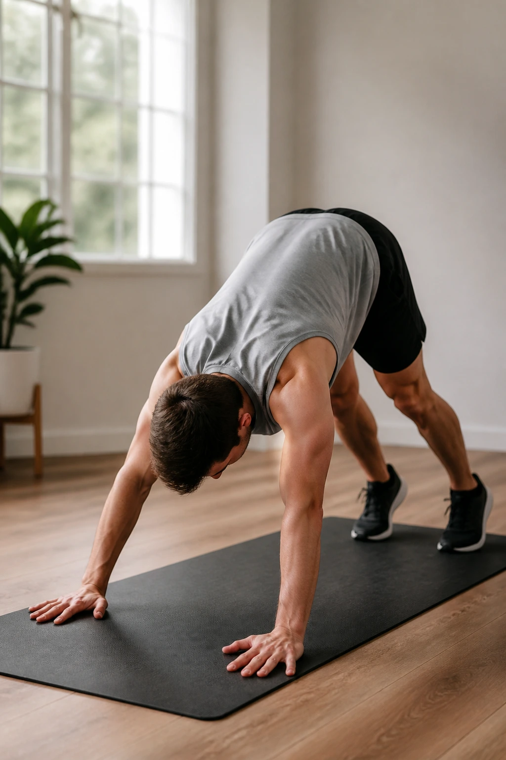 Person performing an inchworm walkout from standing to plank