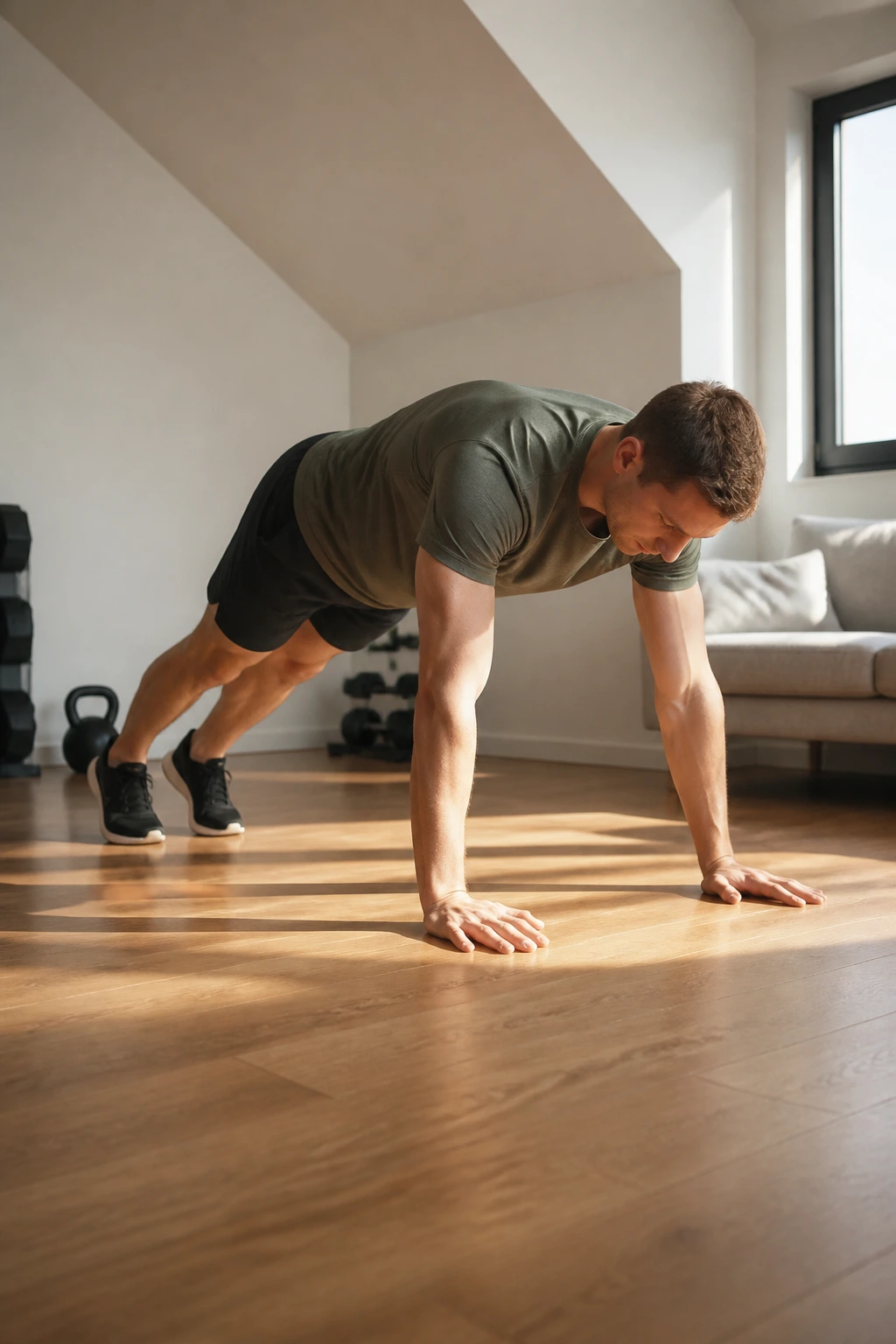 Full-body shot of a person performing an inchworm on a wooden floor in a bright home gym