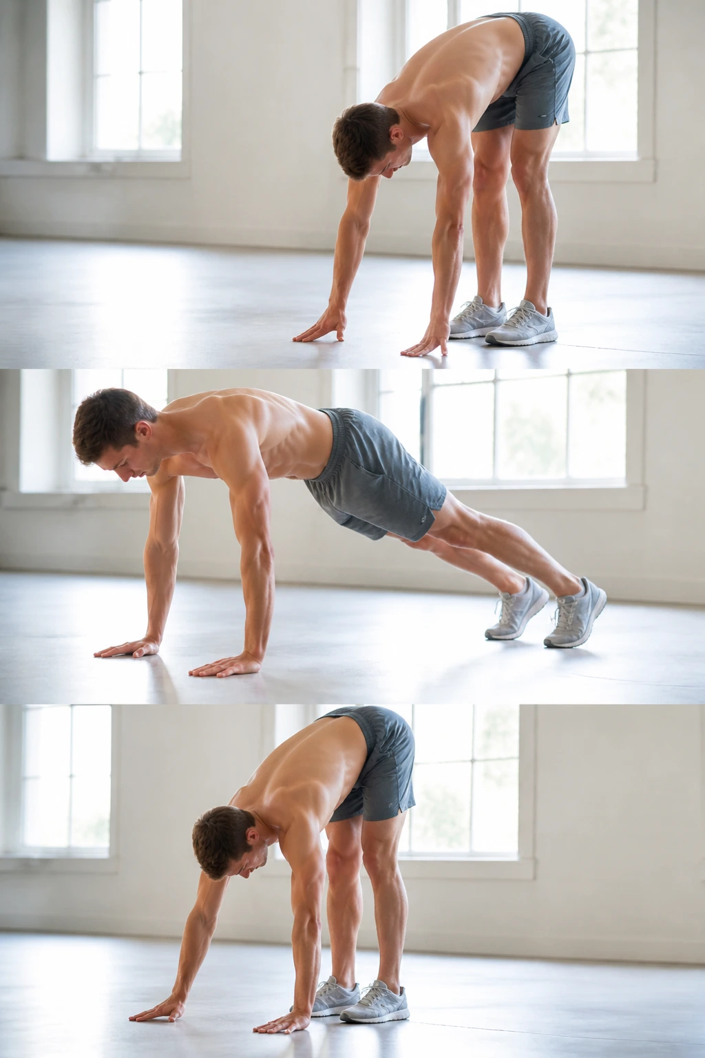 Person performing inchworms in a gym or home setting, moving from standing to high plank.