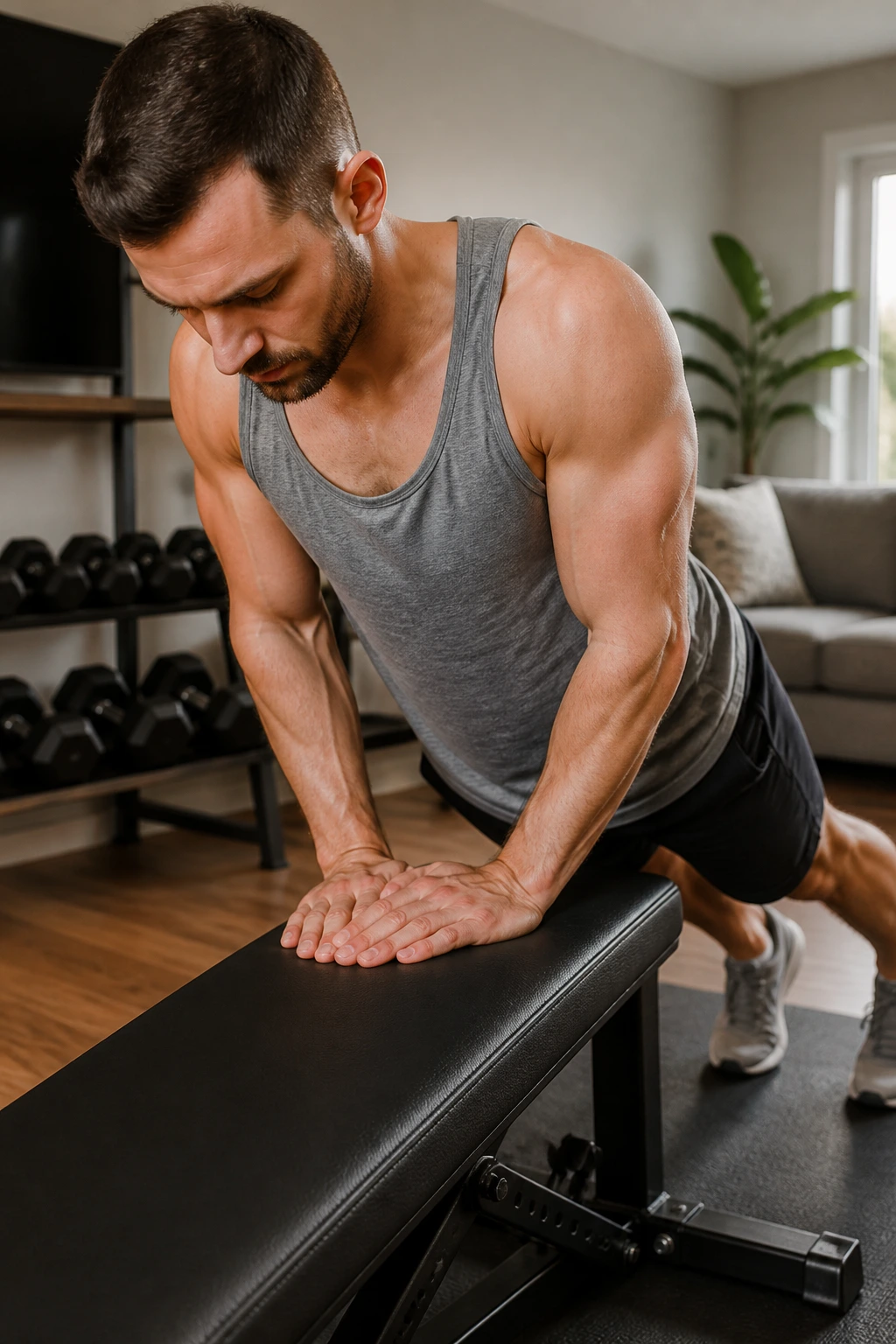 Person performing incline close-grip push-up on a bench