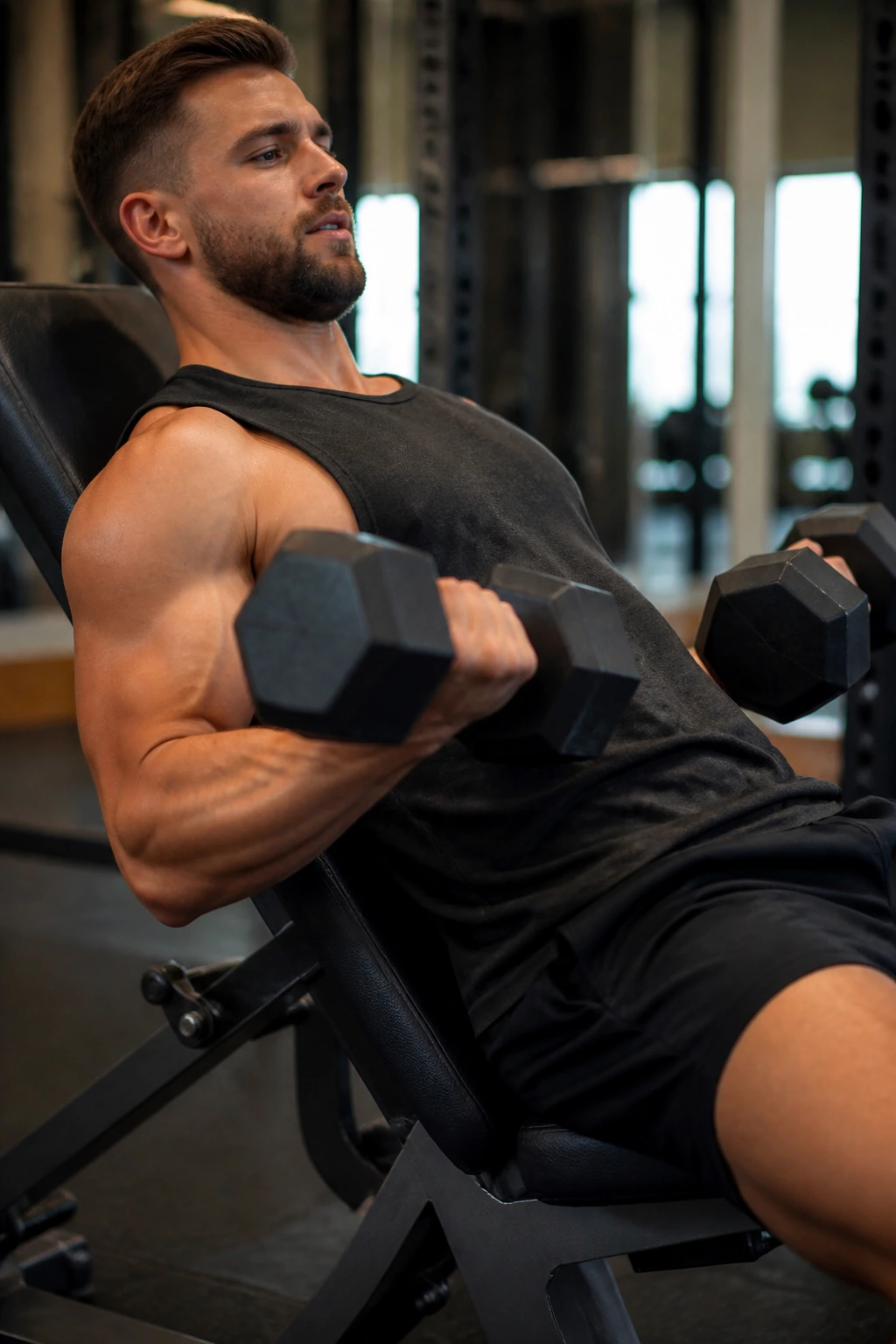 Medium close-up incline dumbbell curl on incline bench in gym.