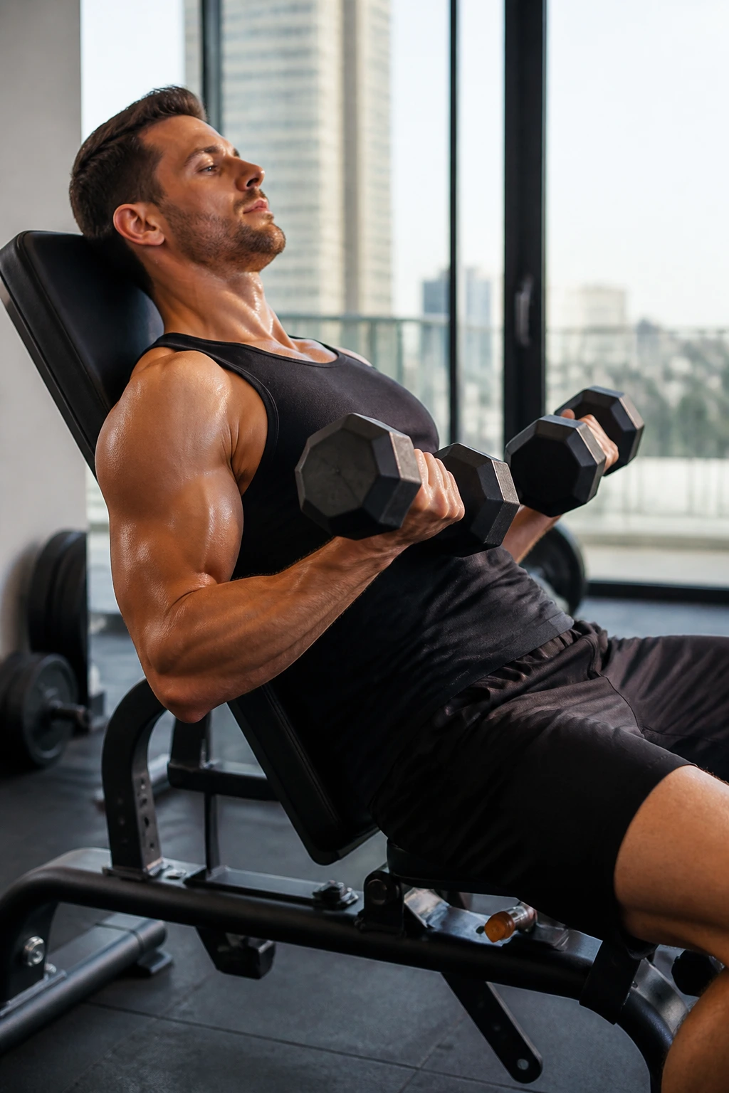 Real person on incline bench performing bicep curl with elbows pinned.