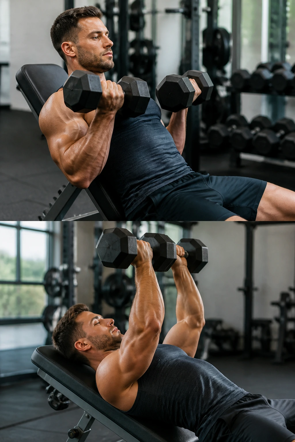 Close-up of a person performing an incline dumbbell curl on a 45-degree bench.