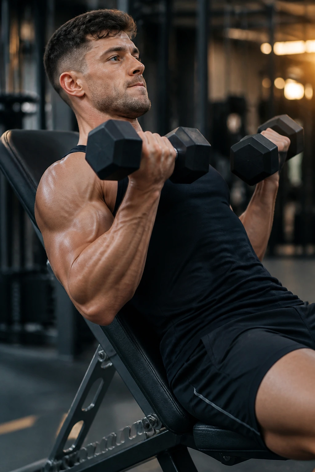 Close-up of arms performing incline dumbbell curls on incline bench in gym