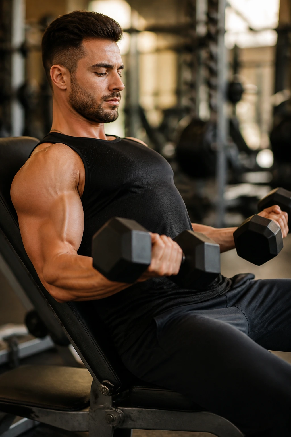 Arms performing incline dumbbell curls on an incline bench with biceps active