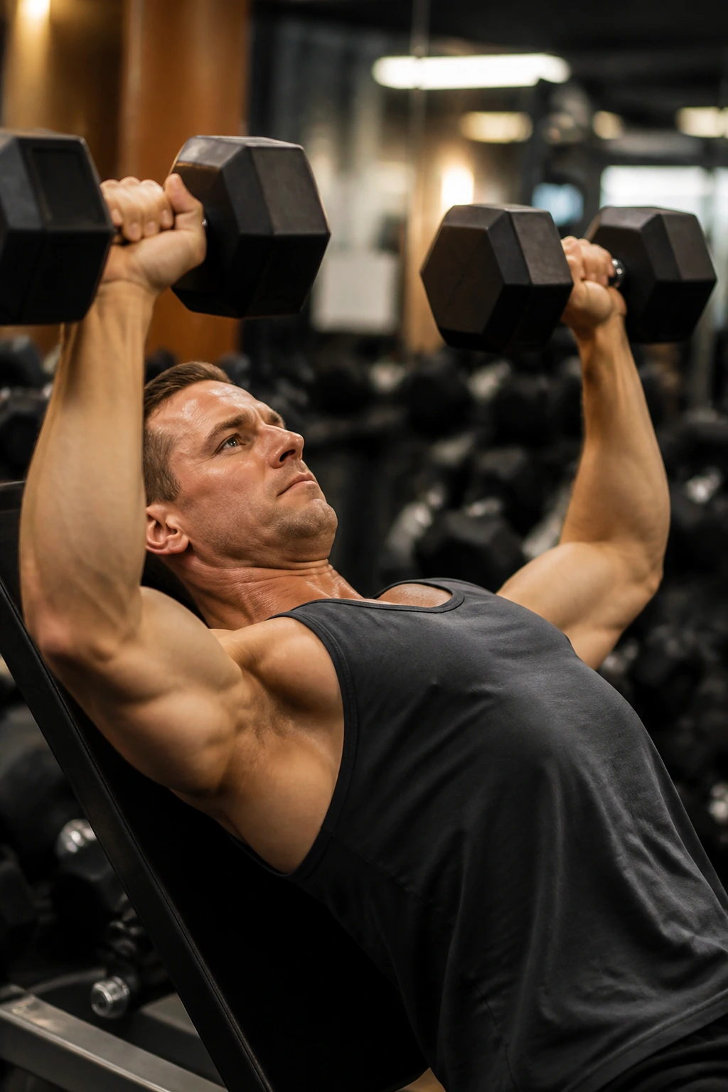 Close-up of a person performing incline dumbbell press on an incline bench, upper chest in frame