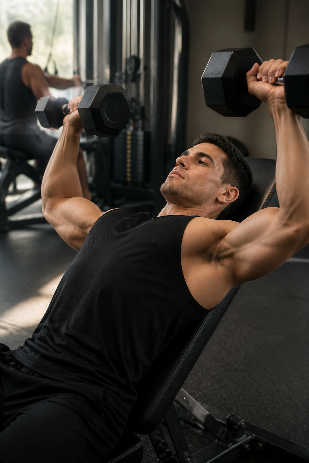 Portrait of a person performing incline dumbbell press in a gym, highlighting chest activation and posture