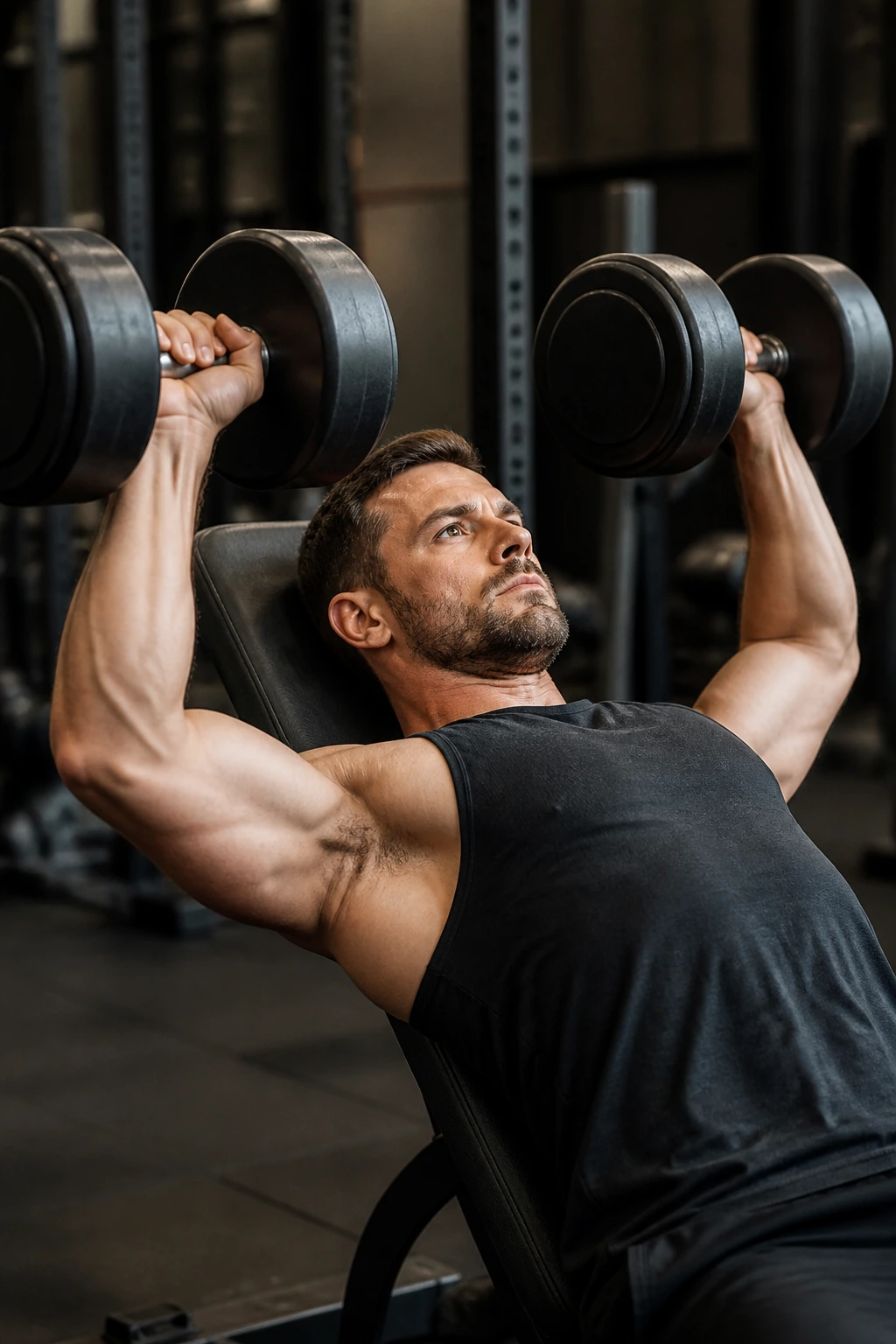 Close-up of a lifter pressing dumbbells on an incline bench