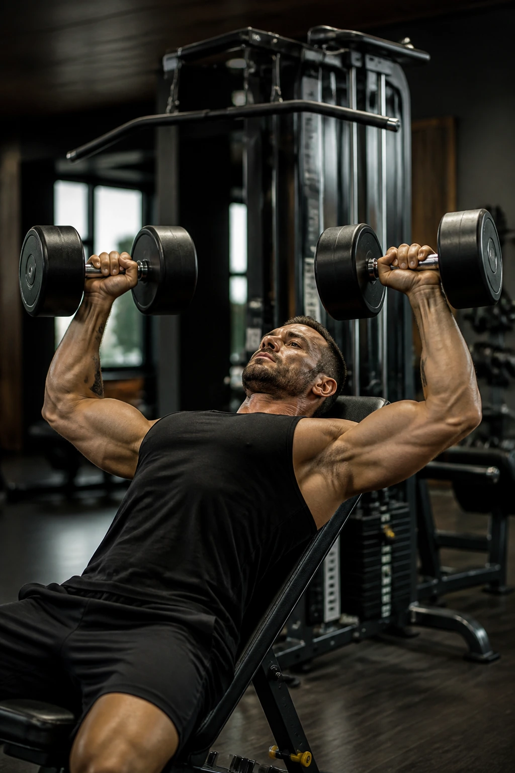Lifter performing incline dumbbell press with lat pulldown machine in the background