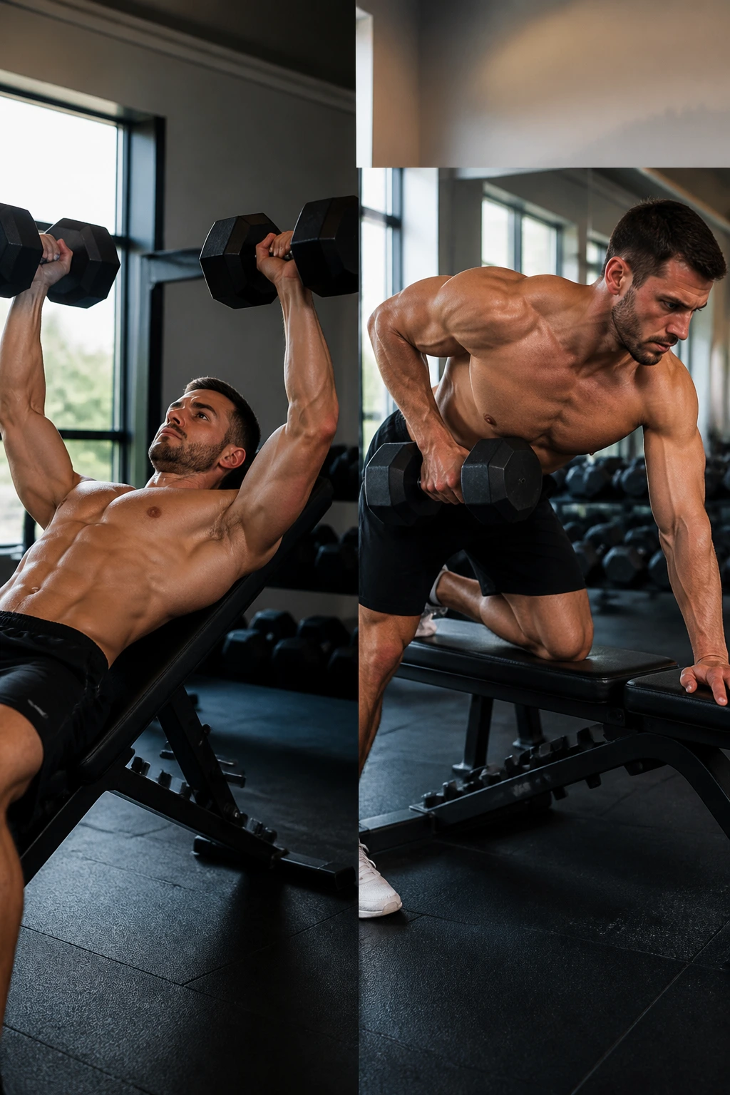 Split-screen incline press and one-arm row performed by a real person in a gym