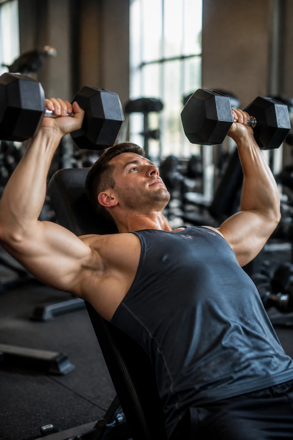 Athlete performing incline dumbbell press to shape upper chest and shoulders in gym
