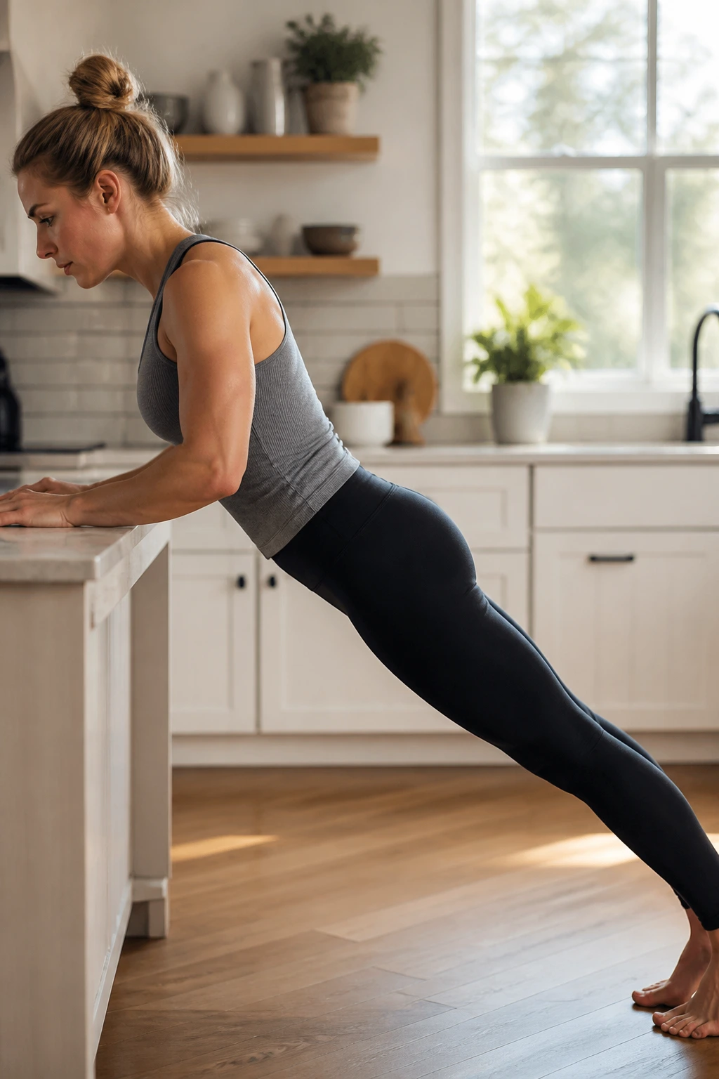 Real person holds incline plank on a kitchen counter.
