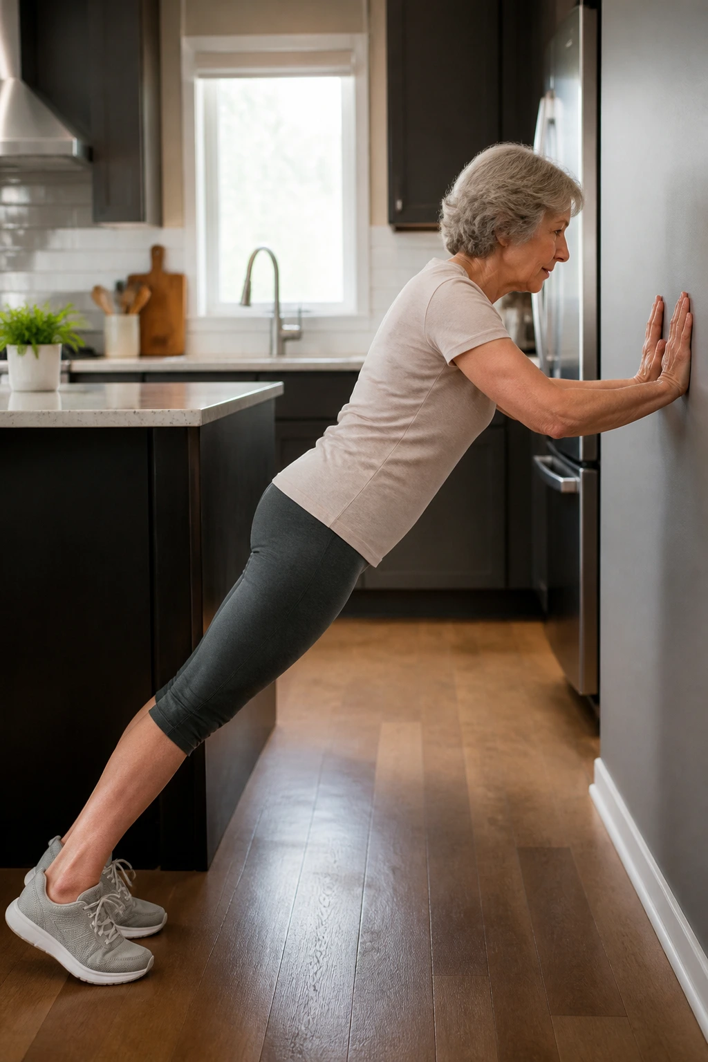 Senior performing incline plank against wall for core stability