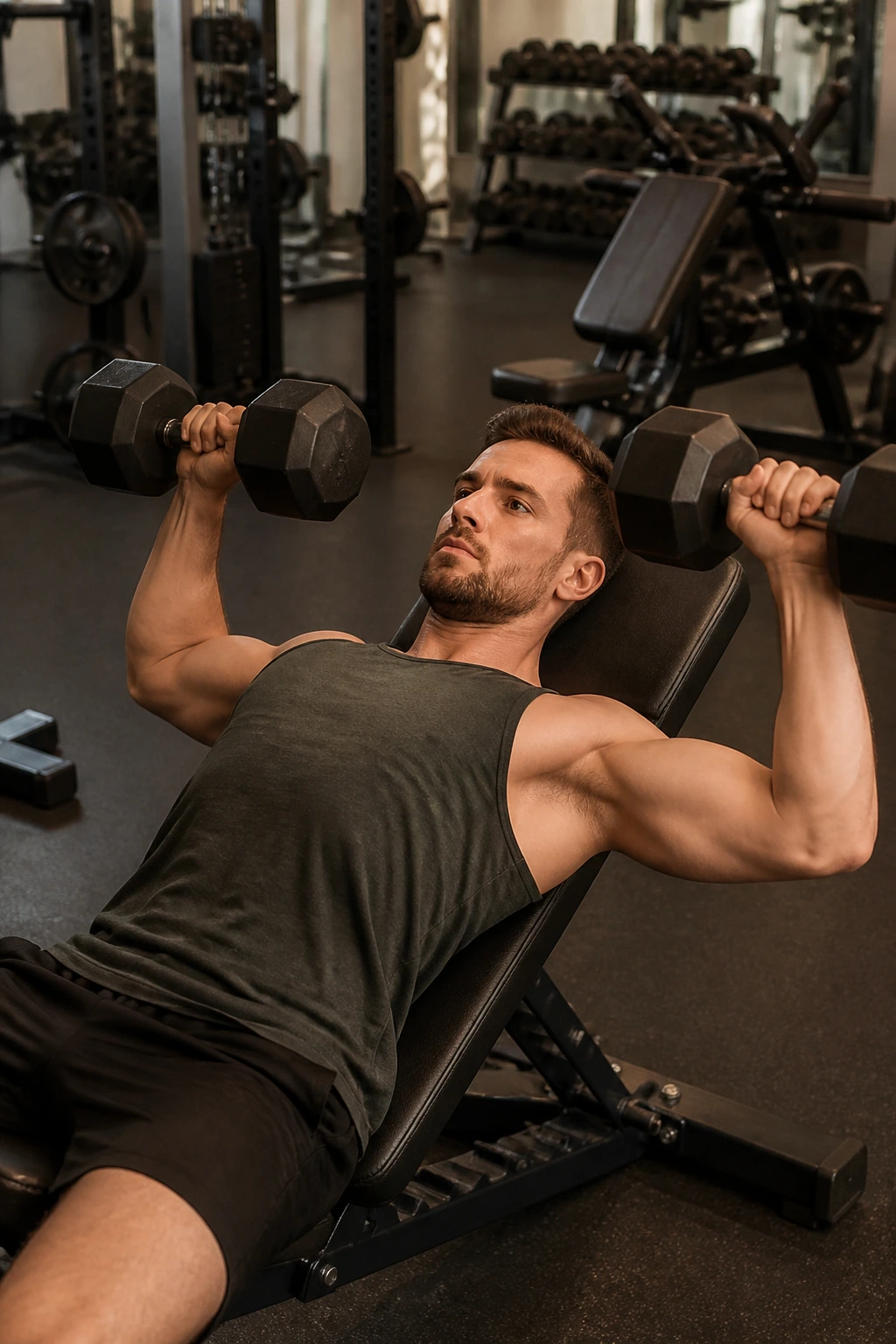 Lifter performing incline dumbbell press with chest-supported rows in background