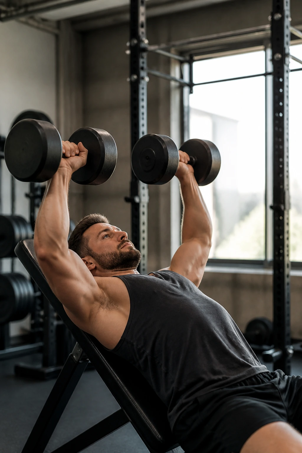 Lifter performing incline dumbbell press with pull-up bar visible in gym background