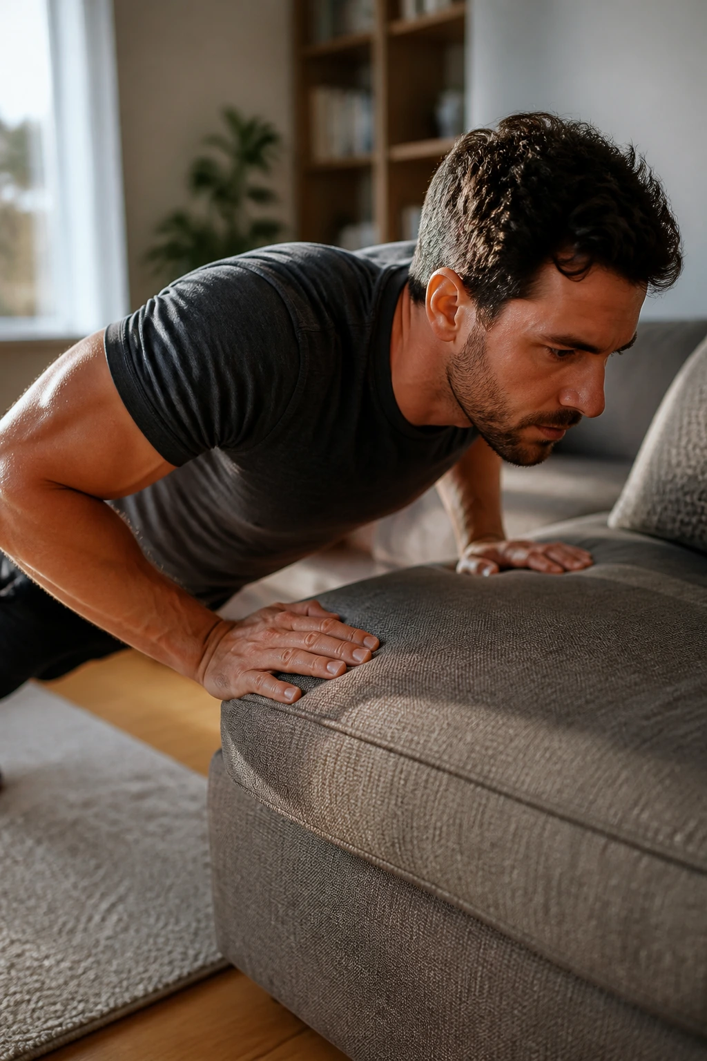 Real person performing Incline Push-Up on couch in a cozy home setting