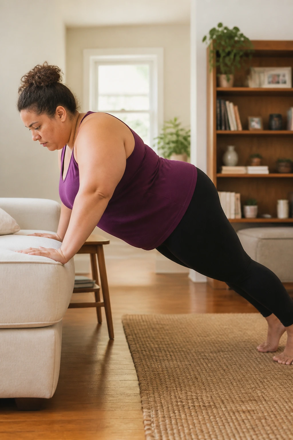 Incline push-up on couch: person maintains a straight line in a home setting