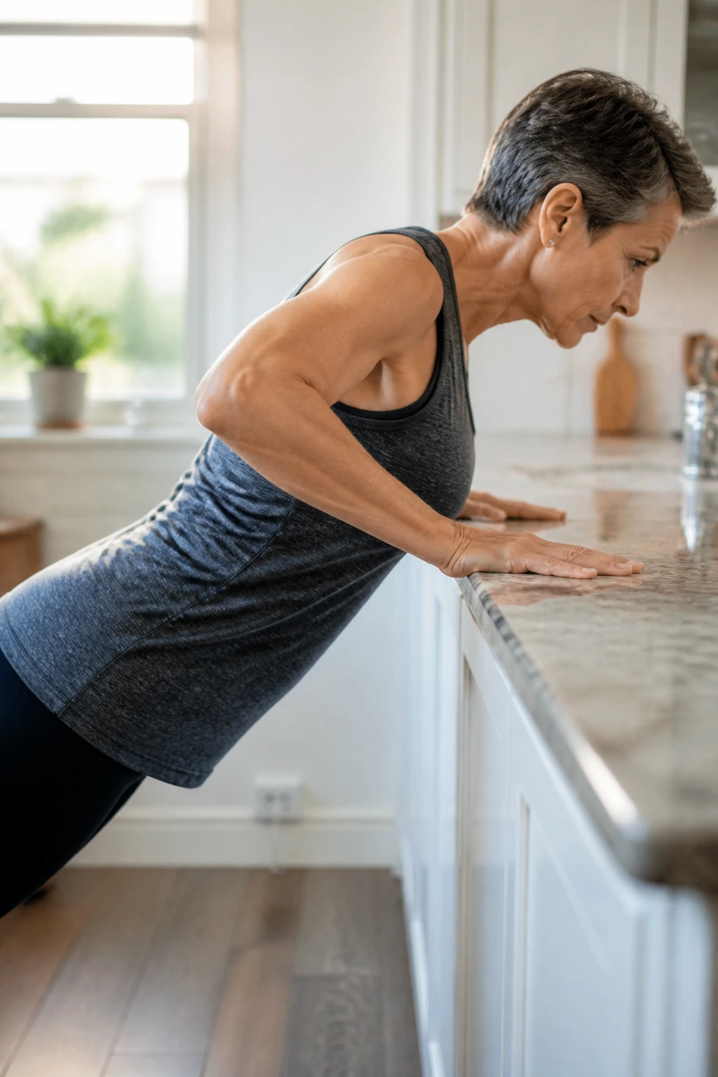 Person performing incline counter push-up with hands on kitchen counter