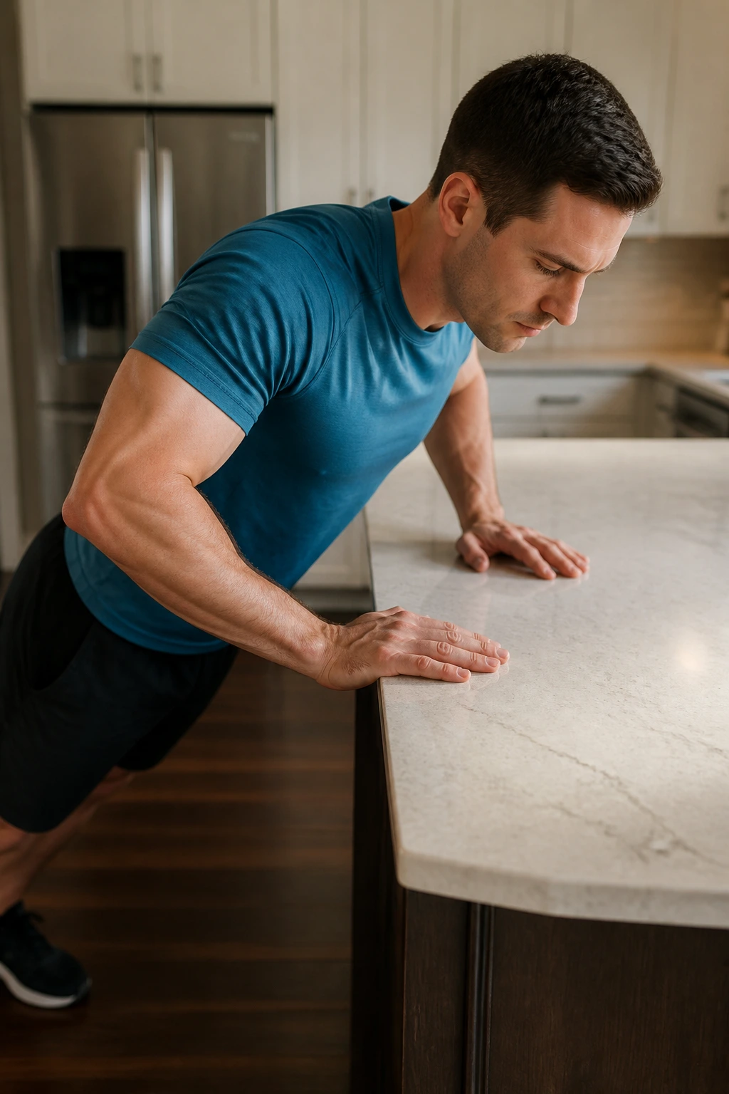 Person doing incline push-ups on a kitchen countertop with a straight body from head to heels.