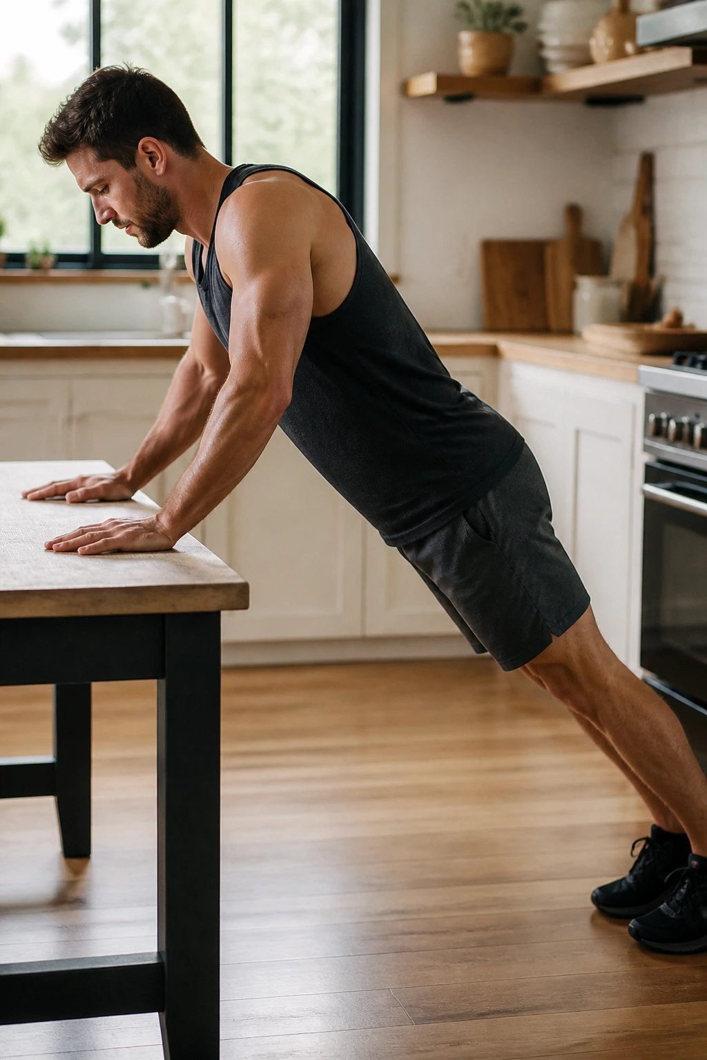 Person performing incline push-ups on a bench in a kitchen-style setting