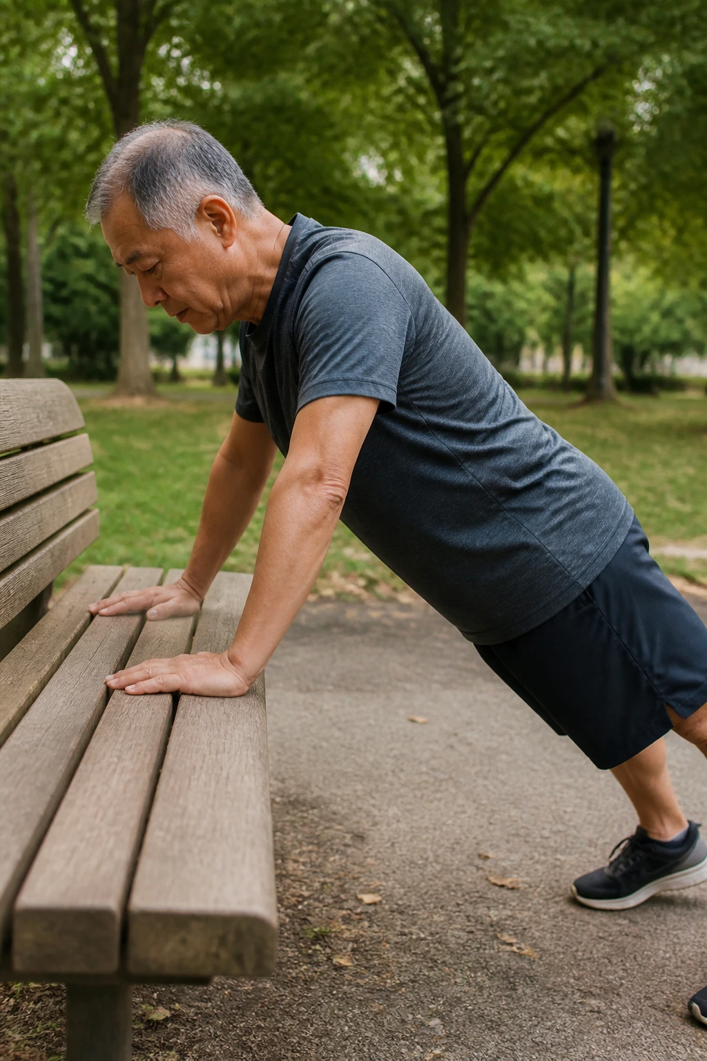 Senior performing incline push-ups on park bench