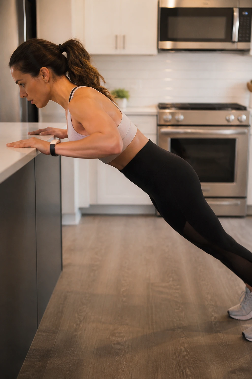 Person performing incline push-ups on a counter in a home kitchen
