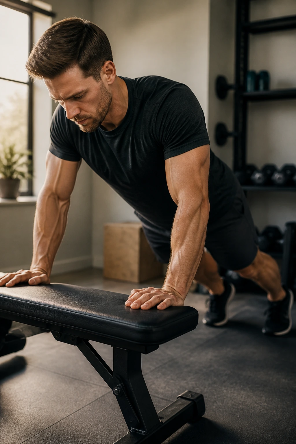 Portrait of a person performing incline push-ups in a home gym to represent a full-body reset circuit