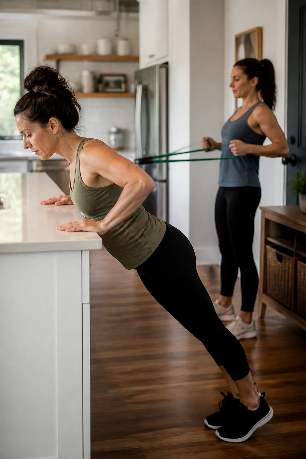 Person doing incline push-up with band row in home kitchen