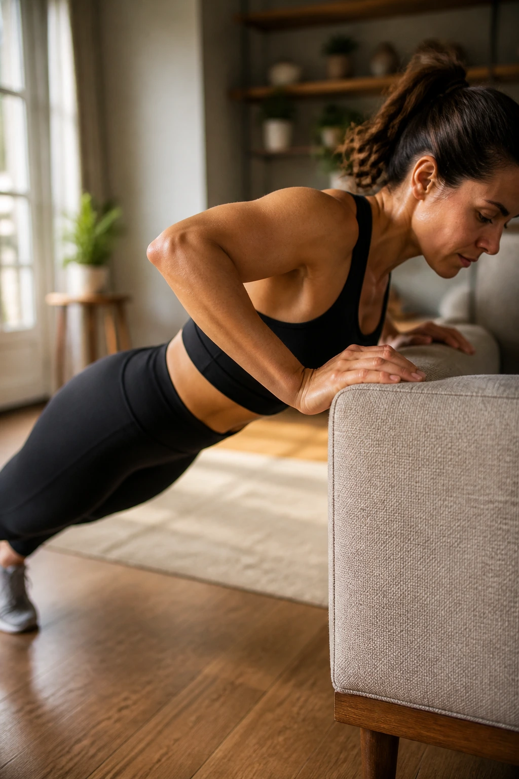 Close-up of a real person performing incline push-ups on a sofa arm, elbows angle and triceps engaged.