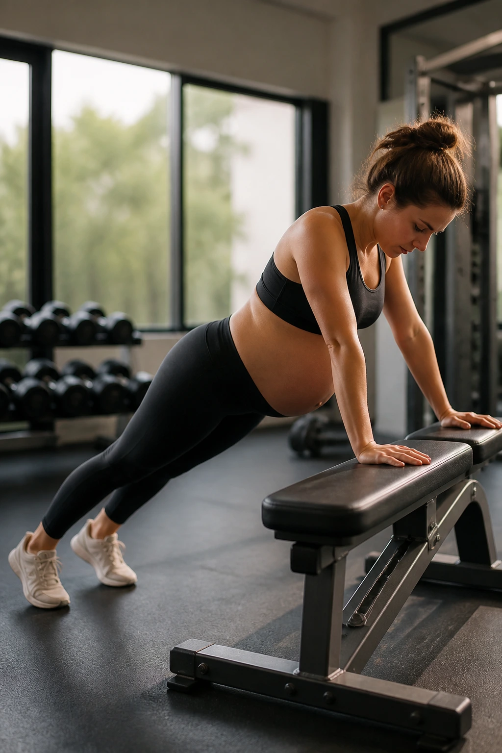 Side-profile of a person doing incline push-ups on a bench.