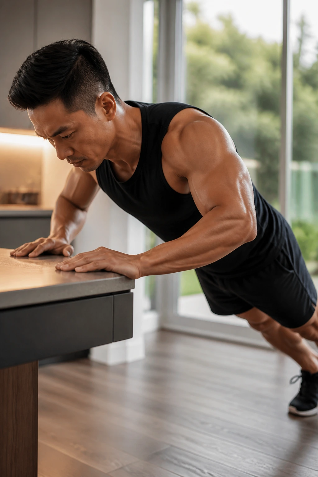 Real person performing incline push-ups on a bench with clear chest engagement.