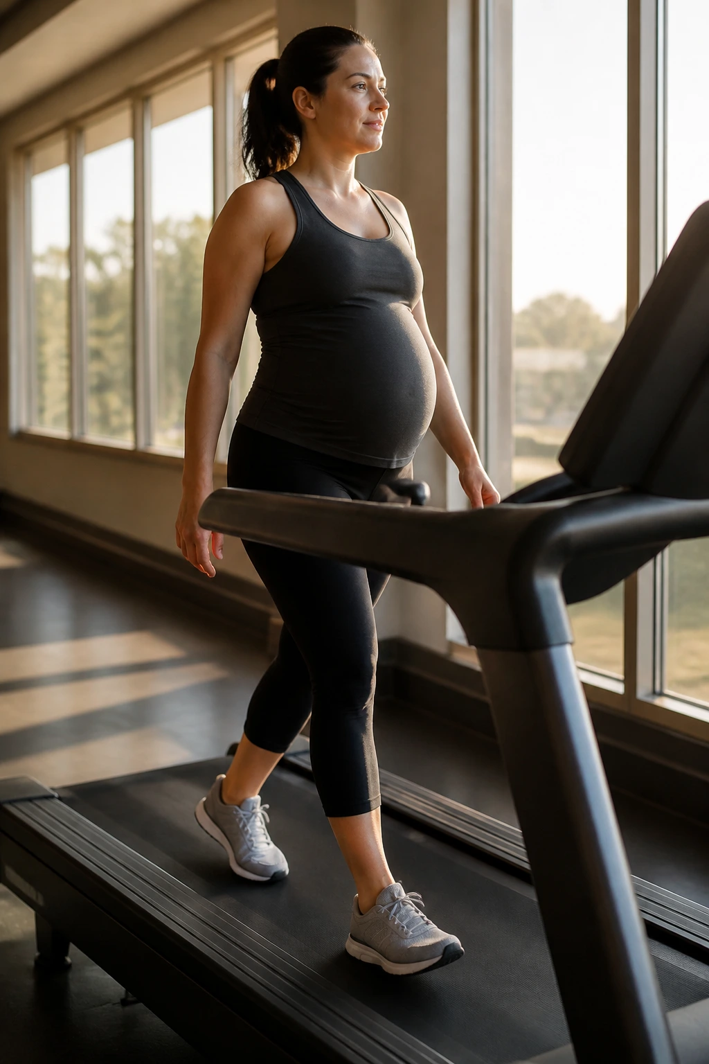 Pregnant woman walking on incline treadmill in a gym