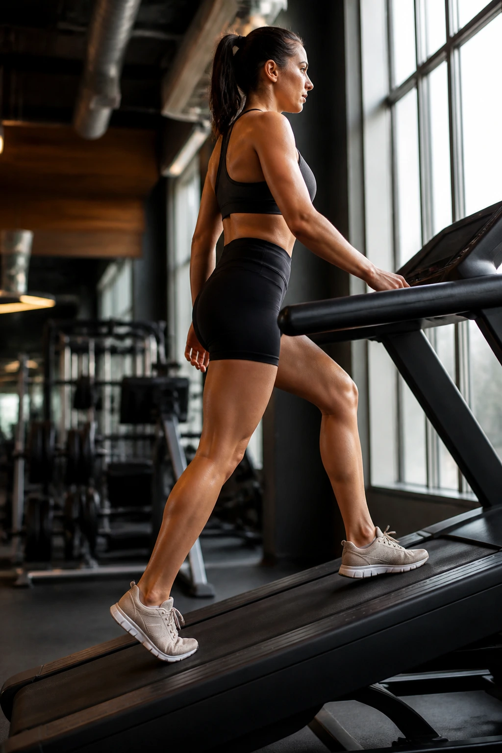Person power walking on an incline treadmill showing leg engagement