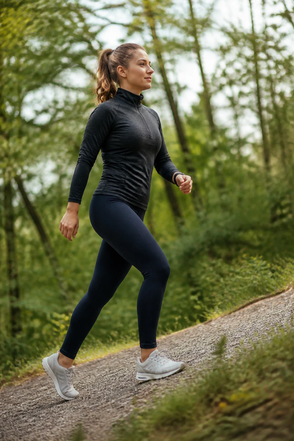 Medium shot of a person walking briskly uphill on a park trail