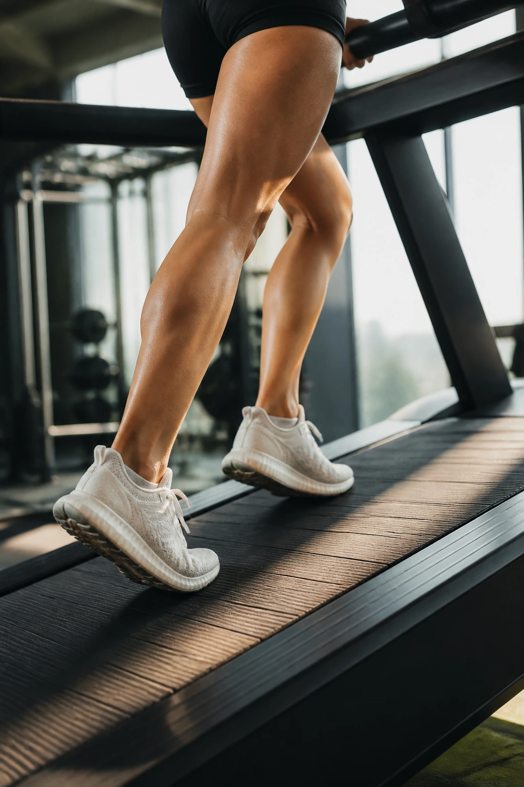 Close-up of a woman's legs on an inclined treadmill in a gym