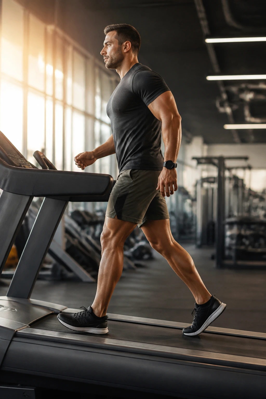 Mid-shot of a person walking briskly on an incline treadmill in a gym.