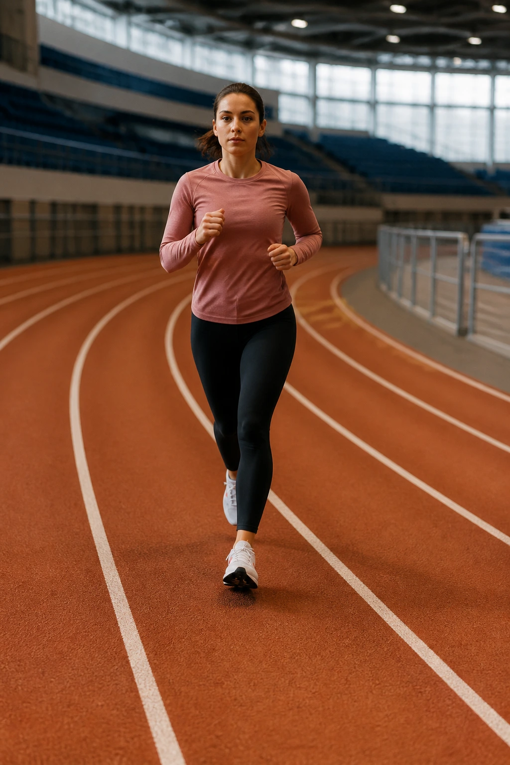 Runner on an indoor track in a medium close-up