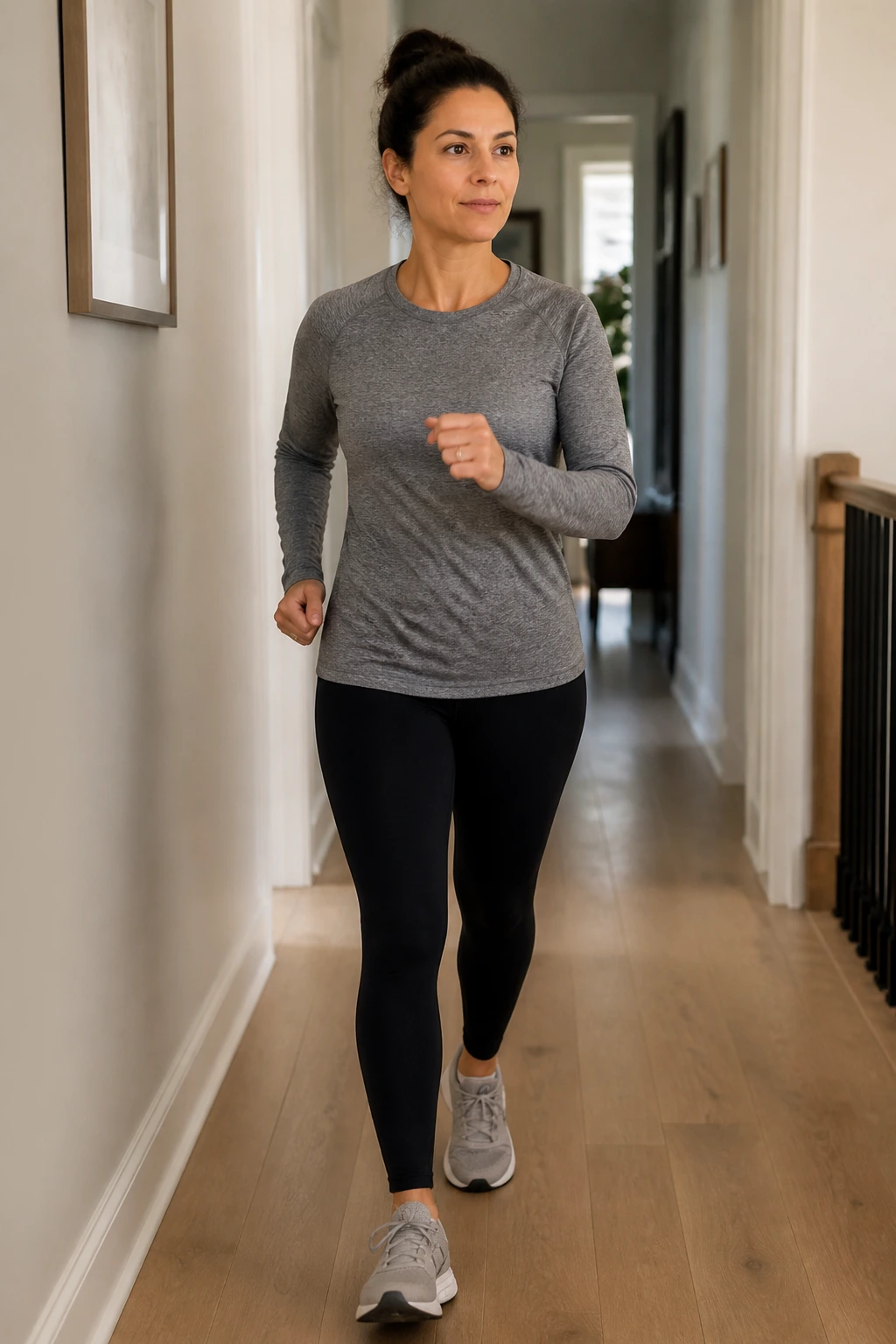 Medium shot of a person briskly walking in a home hallway