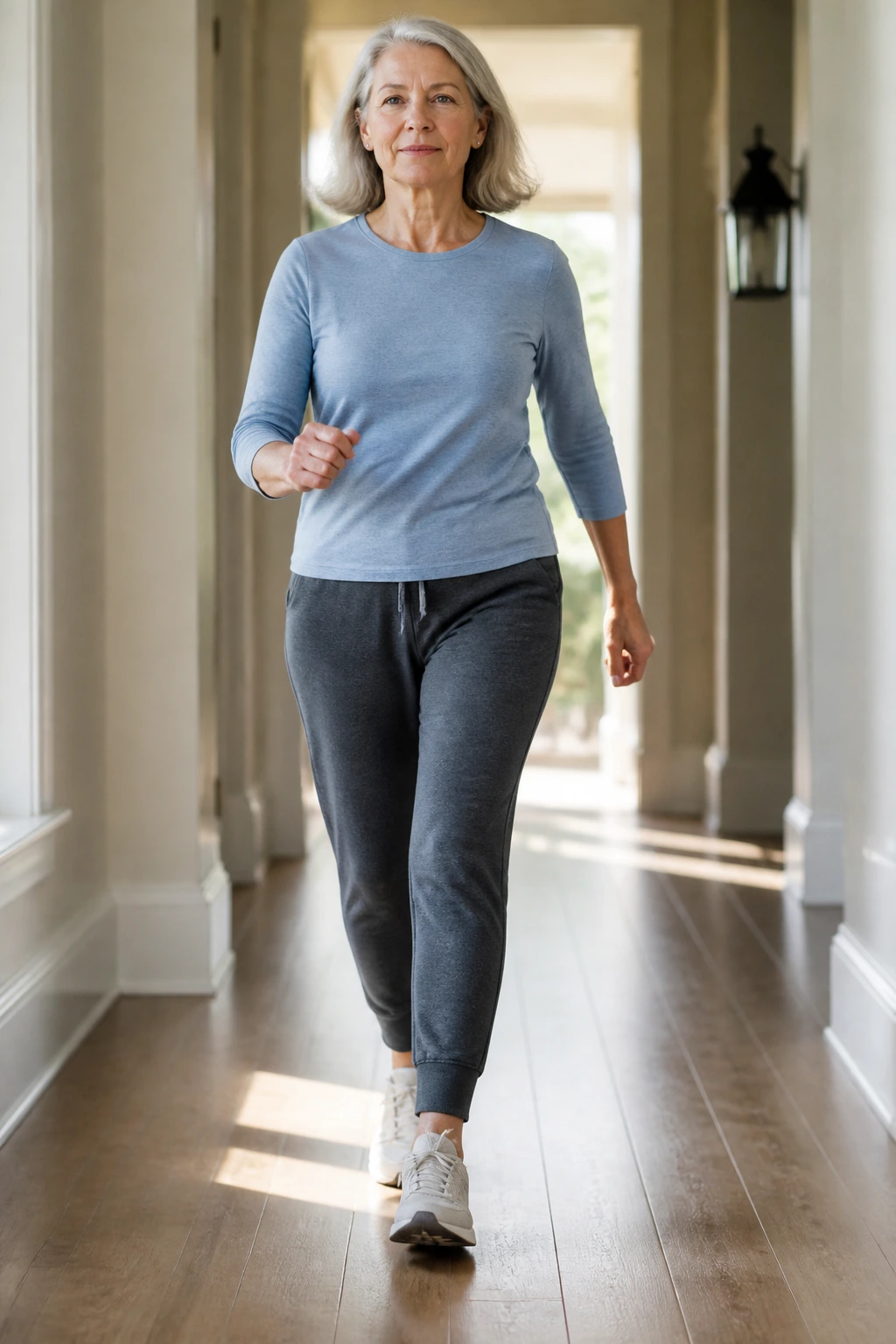 Senior woman walking indoors during interval workout in a sunny hallway