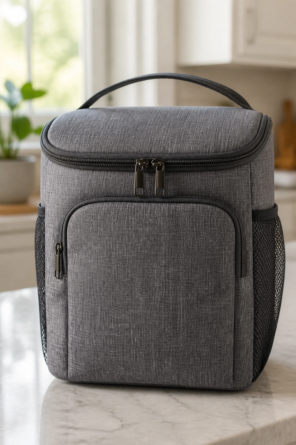 Close-up of insulated lunch tote on kitchen counter.