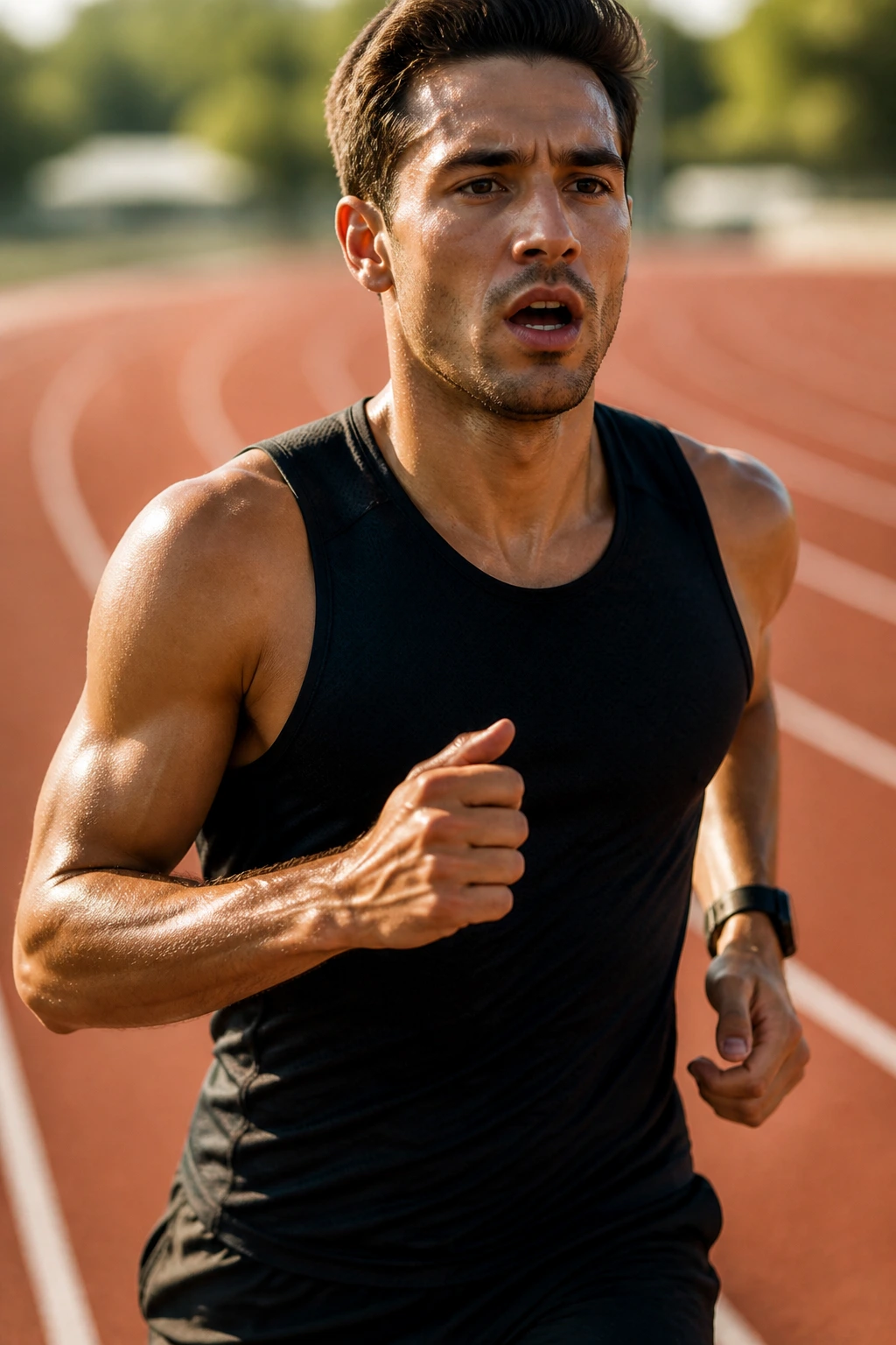 Close-up portrait of a focused runner on a track during interval training