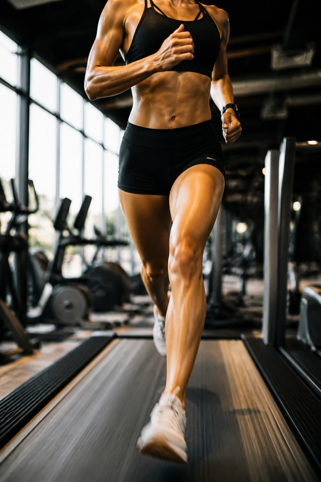 Close-up of a runner on a treadmill performing interval block repeats in gym