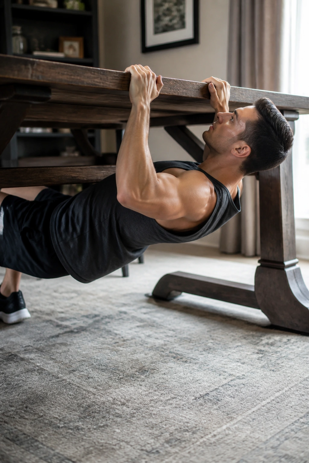 Close up of a real person performing an inverted row under a sturdy table in a home setting