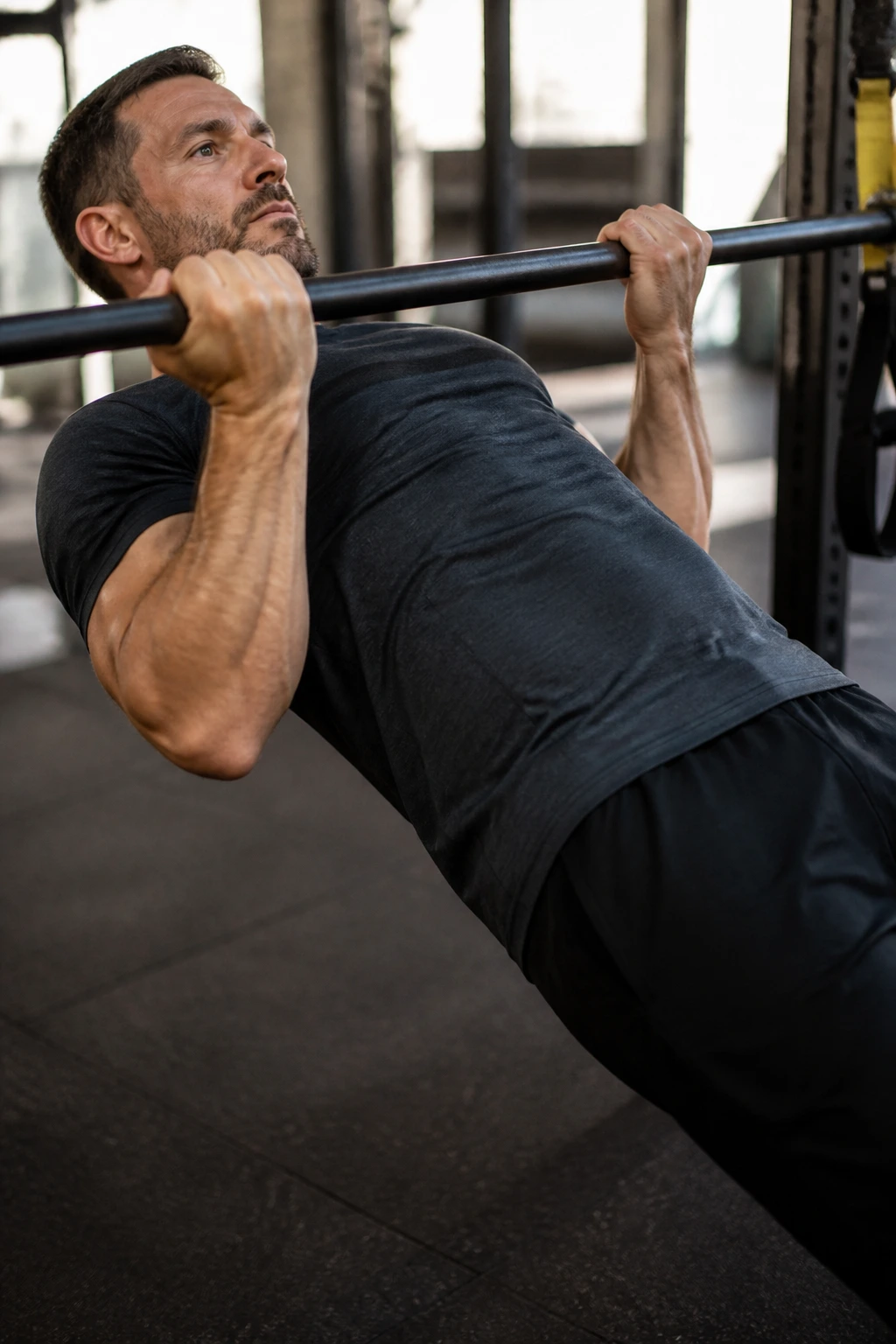 Person performing inverted rows in gym with straight body